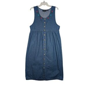 M Vintage Zoey &‎ Beth Denim Dress Embroidered Floral Button Front Cotton Jumper